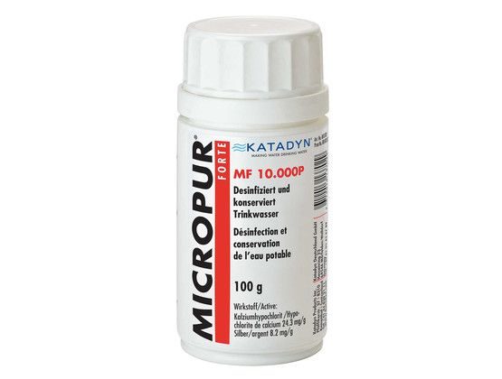 KATADYN MICROPUR FORTE MF 10,000P WATER TREATMENT Katadyn Micropur Forte disinfects clear water and keeps it germ-free for up to 6 months. Due to the strong oxidizing power of chlorine, most